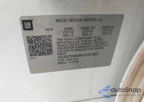 2019 Chevrolet Impala Lt from USA, damaged, VIN 1G11Z5SA4KU137203